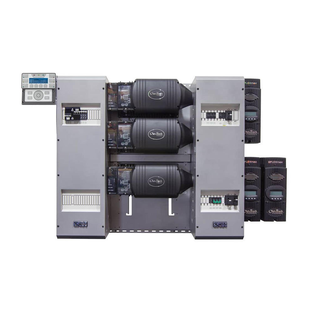 [OFF0026] FLEXpower THREE 6.0kVA - 24Vdc, triple FXR2024E pre-wired AC and DC boxes with AC Bypass, 250A DC breakers, PNL-GFDI-80Q and 80 Amp charge controller breakers, HUB 10.3, MATE3 and brackets, RTS, FLEXnet DC, surge protectors plus three FLEXmax 80 MPPT charge controllers