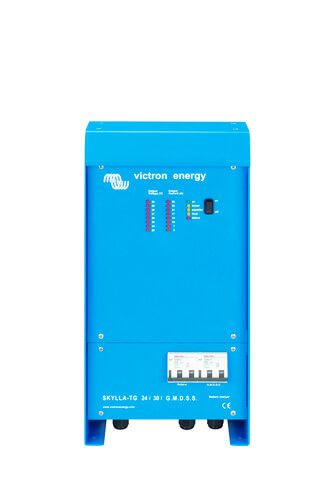 The Victron Skylla-TG 24/30 and 24/50 GMDSS Chargers have been designed to provide all required monitoring and alarm data. Both the battery and the GMDSS system are connected directly to the charger. Data and alarms are displayed on a digital panel (VE.Net GMDSS panel, to be ordered separately). A standard eight wire UTP cable connects the charger to the panel. Skylla-TG GMDSS