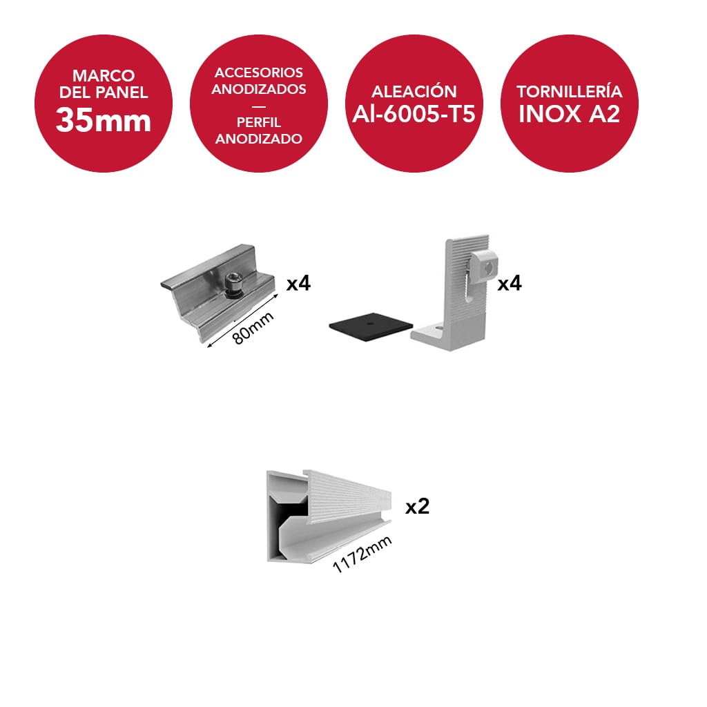 [N-ACL01-TS-D2-AM35] N-ACL01-TS-D2-AM35 [1x01] Estructura coplanar anodizada para 1 panel en vertical (ancho máximo 1150mm) | Serie TS-D2 - TECHNO SUN