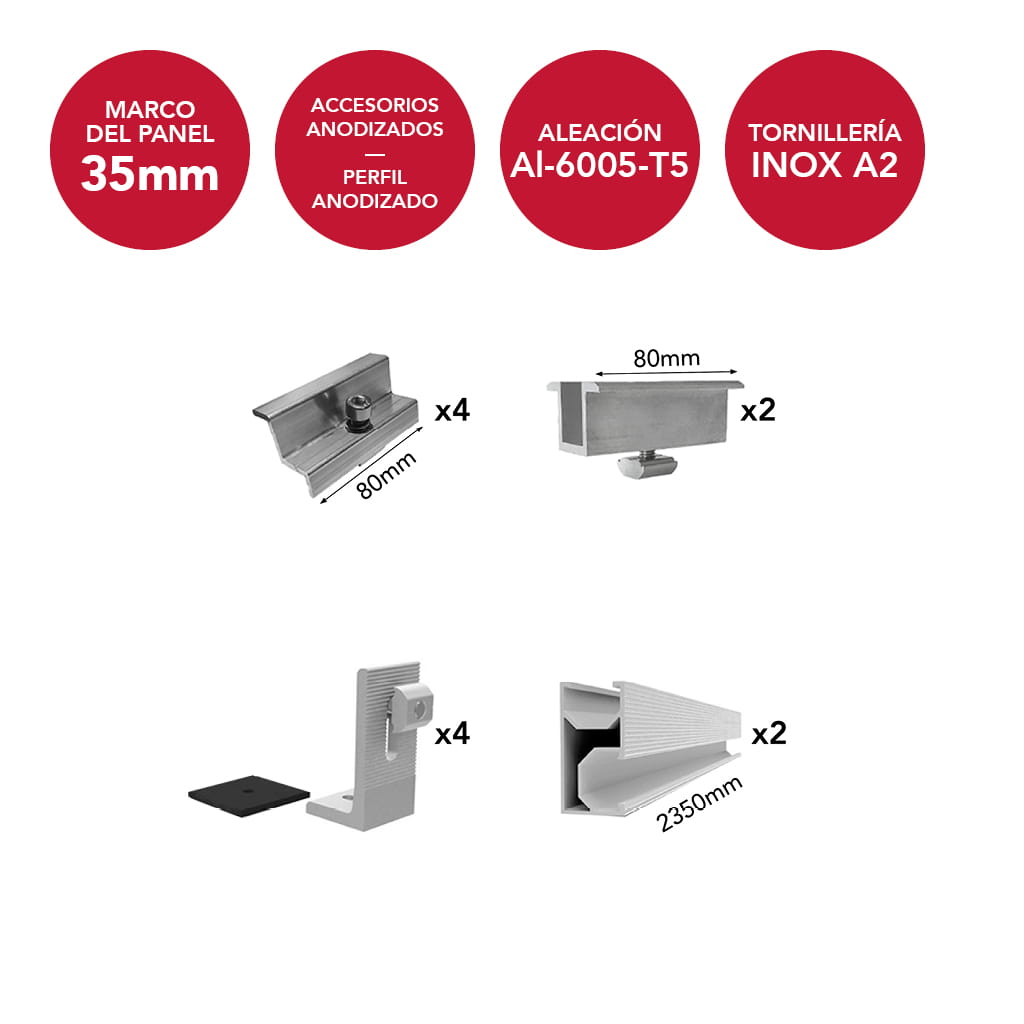 [N-ACL02-TS-D2-AM35] N-ACL02-TS-D2-AM35 [1x02] Estructura coplanar anodizada para 2 paneles en vertical (ancho máximo 1150mm) | Serie TS-D2 - TECHNO SUN