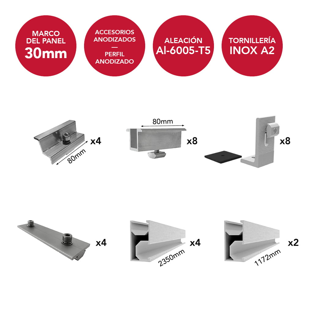 [N-ACL05-TS-D2-AM30] N-ACL05-TS-D2-AM30 [1x05] Estructura coplanar anodizadapara 4 paneles en vertical (ancho máximo 1150mm) | Serie TS-D2 - TECHNO SUN