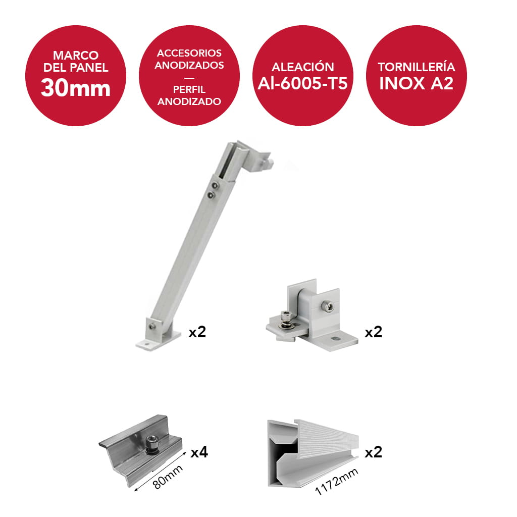 N-AIR01-TS-D2-AM30 [1x1] Estructura inclinada anodizada regulable 20º/45º para 1 panel en vertical (ancho máximo 1150mm) | Serie TS-D2 - TECHNO SUN