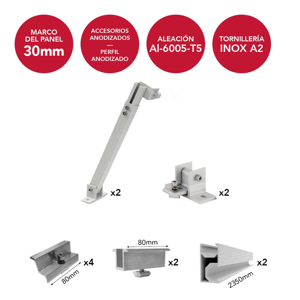 N-AIR02-TS-D2-AM30 [1x2] Estructura inclinada anodizada regulable 20º/45º para 2 paneles en vertical (ancho máximo 1150mm) | Serie TS-D2 - TECHNO SUN