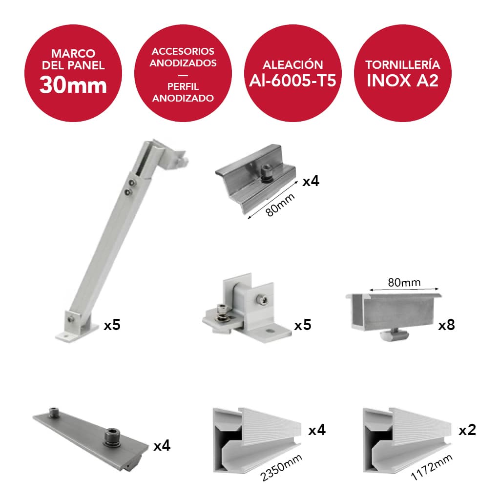 N-AIR05-TS-D2-AM30 [1x5] Estructura inclinada anodizada regulable 20º/45º para 5 paneles en vertical (ancho máximo 1150mm) | Serie TS-D2 - TECHNO SUN