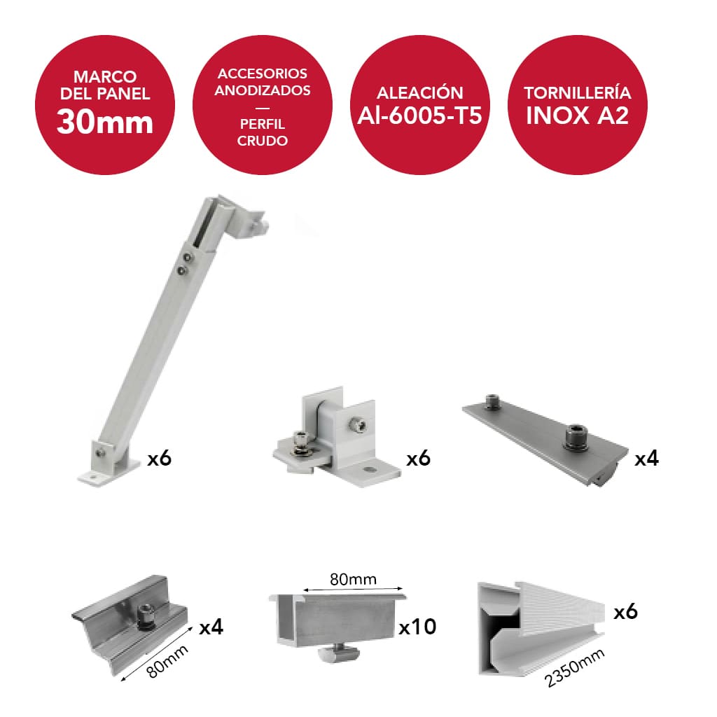 N-AIR06-TS-D2-M30 [1x6] Estructura inclinada regulable 20º/45º para 6 paneles en vertical (ancho máximo 1150mm) | Serie TS-D2 - TECHNO SUN