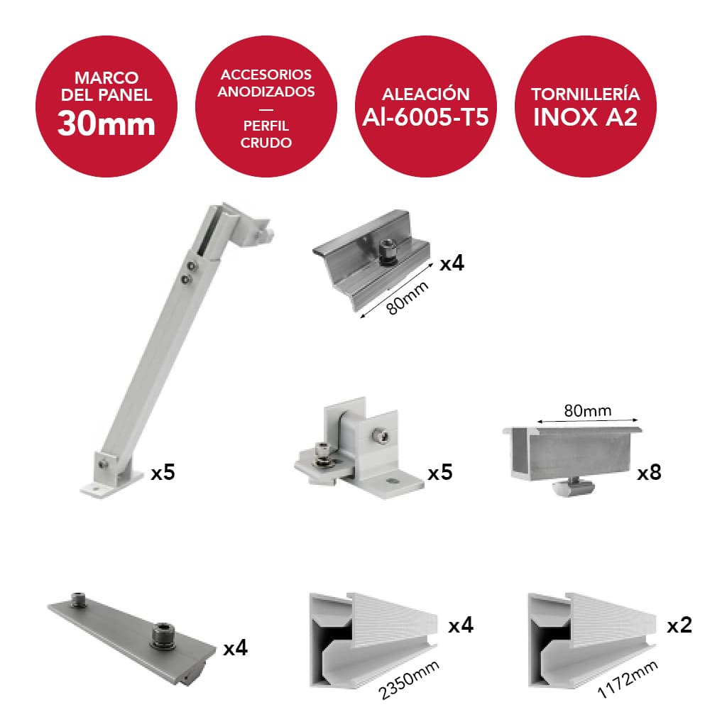 N-AIR05-TS-D2-M30 [1x5] Estructura inclinada regulable 20º/45º para 5 paneles en vertical (ancho máximo 1150mm) | Serie TS-D2 - TECHNO SUN