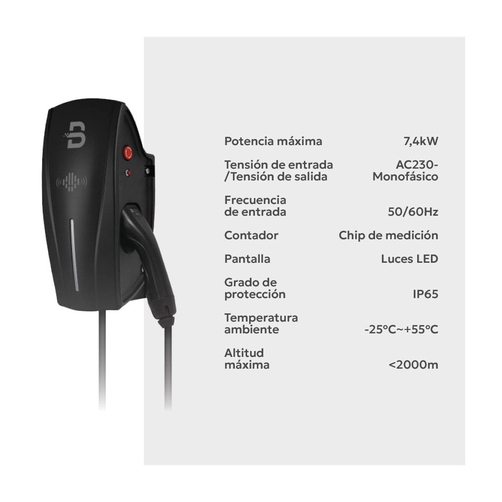 Cargador coche eléctrico BCP-A2-L monofásico de 7.4kW con cable tipo 2 | BENY