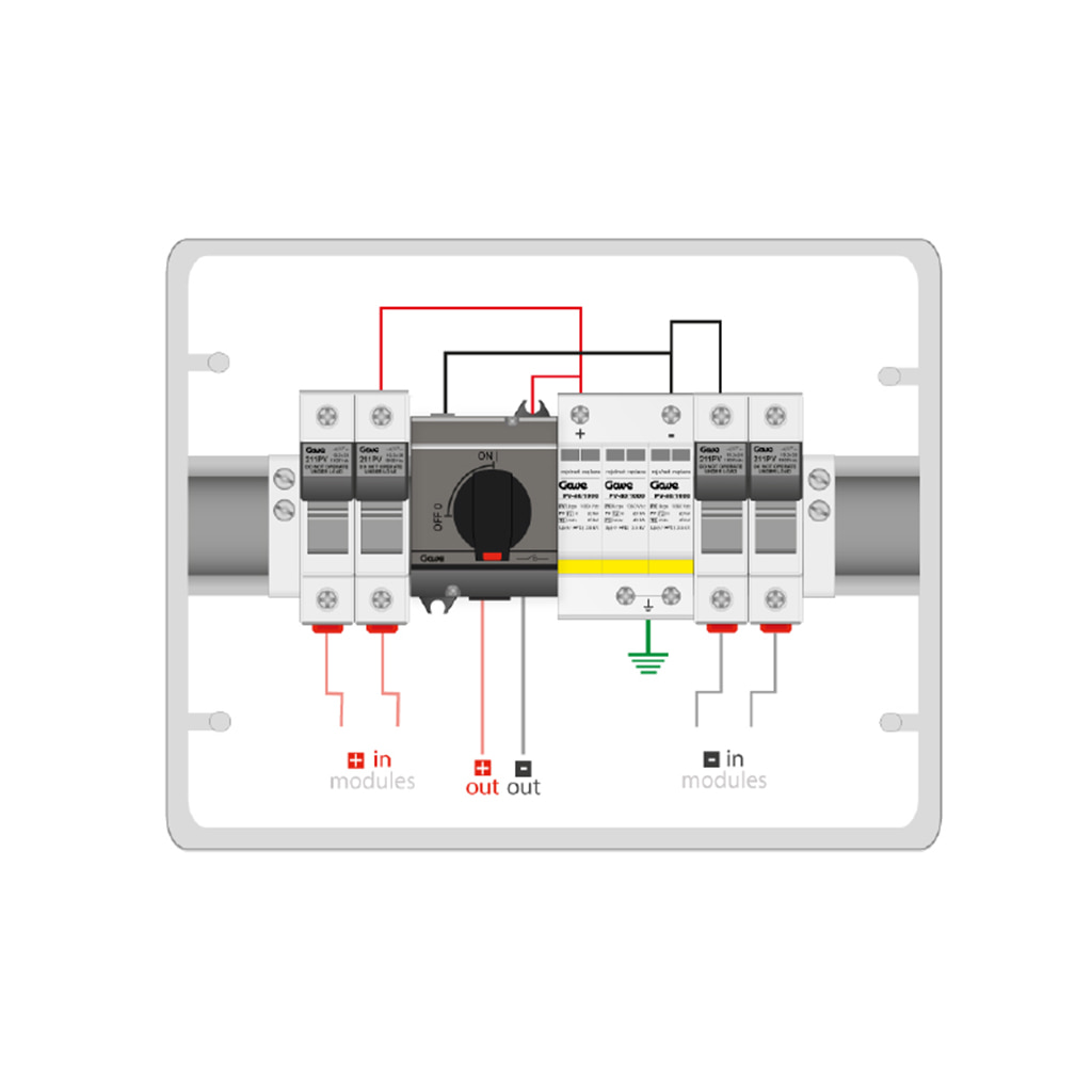 Caja combinadora con 2 entradas 1 salida 2/1 fusible 20A seccionador 40A 1.000V DC | Gave