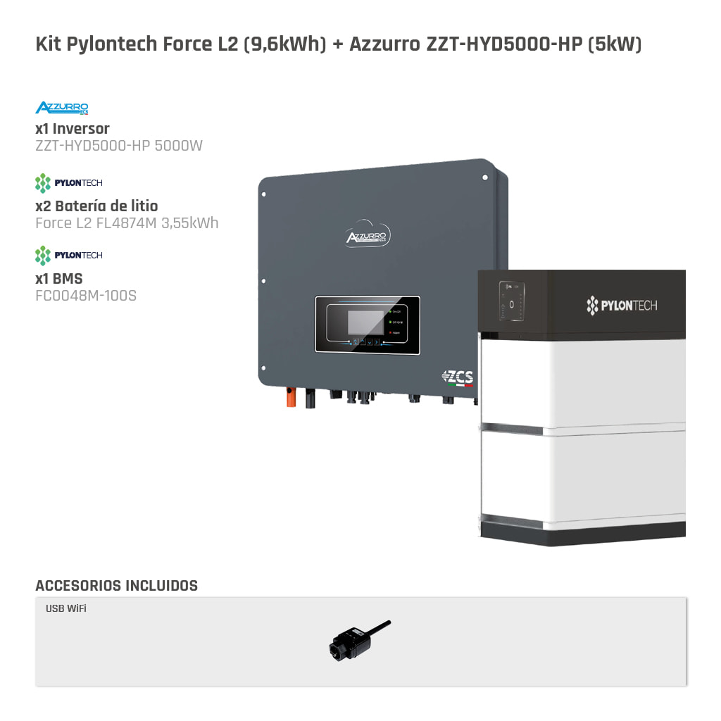 Kit Pylontech Force L2 (9,6kWh) + Azzurro ZZT-HYD5000-HP (5kW)