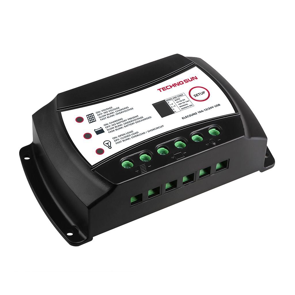 Regulador PWM 10A-12/24V con programación crespuscular para iluminación y cargador USB 2.0 - ELECSUN