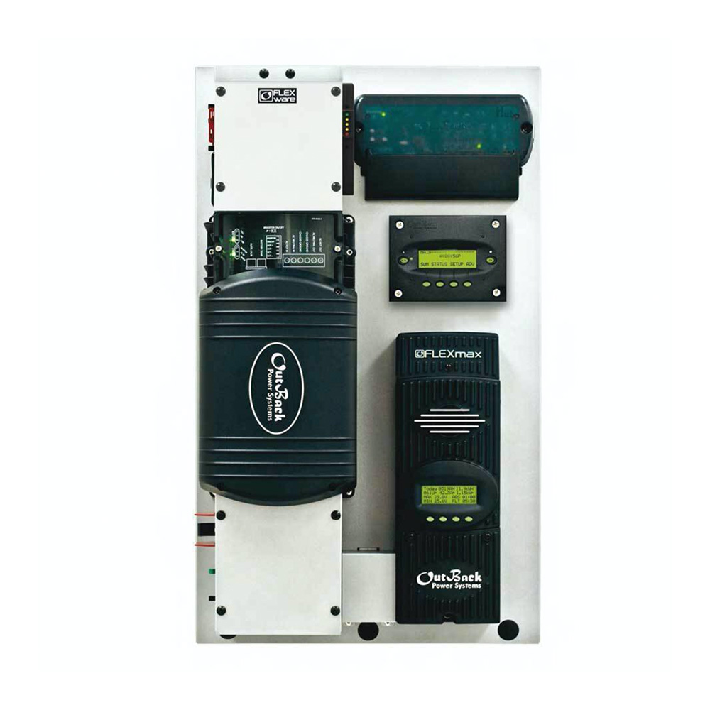 FLEXpower ONE 3.0kVA - 24Vdc solution, single VFXR3024E, pre-wired AC and DC boxes with 230Vac Bypass, 250A DC breaker, GFDI, 80Amp charge controller breaker, HUB 10.3, MATE3 and brackets, RTS, FLEXnet DC and surge protector plus one FLEXmax 80 MPPT charg