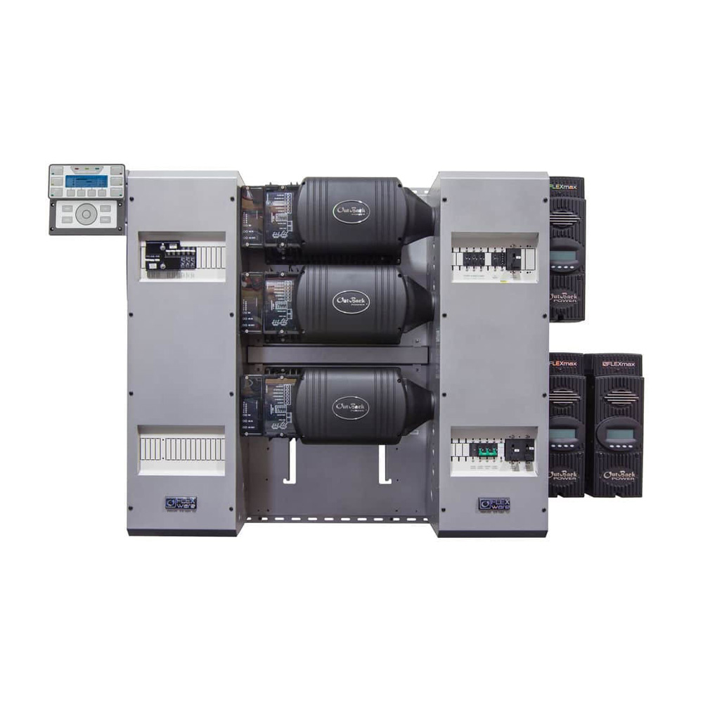 FLEXpower THREE 6.0kVA - 24Vdc, triple FXR2024E pre-wired AC and DC boxes with AC Bypass, 250A DC breakers, PNL-GFDI-80Q and 80 Amp charge controller breakers, HUB 10.3, MATE3 and brackets, RTS, FLEXnet DC, surge protectors plus three FLEXmax 80 MPPT char