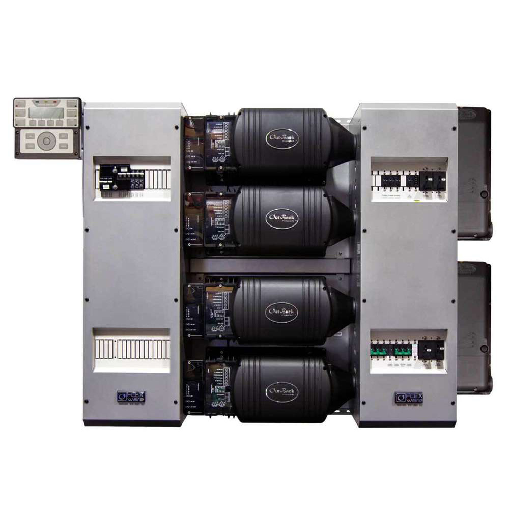 FLEXpower FOUR 9.2kVA - 48Vdc solution, quad FXR2348E, pre-wired AC and DC boxes with AC Bypass, 175A DC breakers, PNL-GFDI-80Q and 80 Amp charge controller breakers, HUB 10.3, MATE3 and brackets, RTS, FLEXnet DC, surge protectors plus four FLEXmax 80 MPP