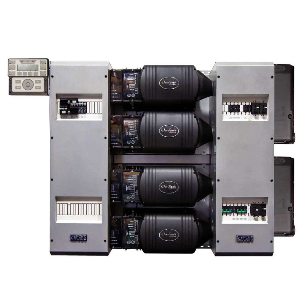 FLEXpower FOUR 9.2kVA - 48Vdc solution, quad FXR2348E, pre-wired AC and DC boxes with AC Bypass, 175A DC breakers, PNL-GFDI-80Q and 80 Amp charge controller breakers, HUB 10.3, MATE3 and brackets, RTS, FLEXnet DC, surge protectors plus four FLEXmax 80 MPPT charge controllers