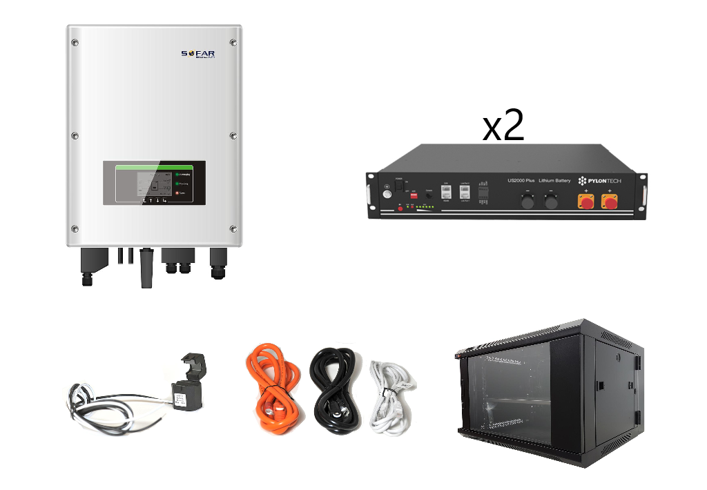 [PR/00590] Kit inversor híbrido SOFAR HYD3000 + 2xUS2000 Pylontech + cables + rack 6U con opción de inyección cero | Techno Sun