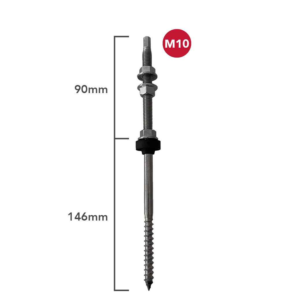 [STR2218] Perno tirafondos doble rosca M10x250mm A2 acero 146/90mm con junta EPDM - TECHNO SUN