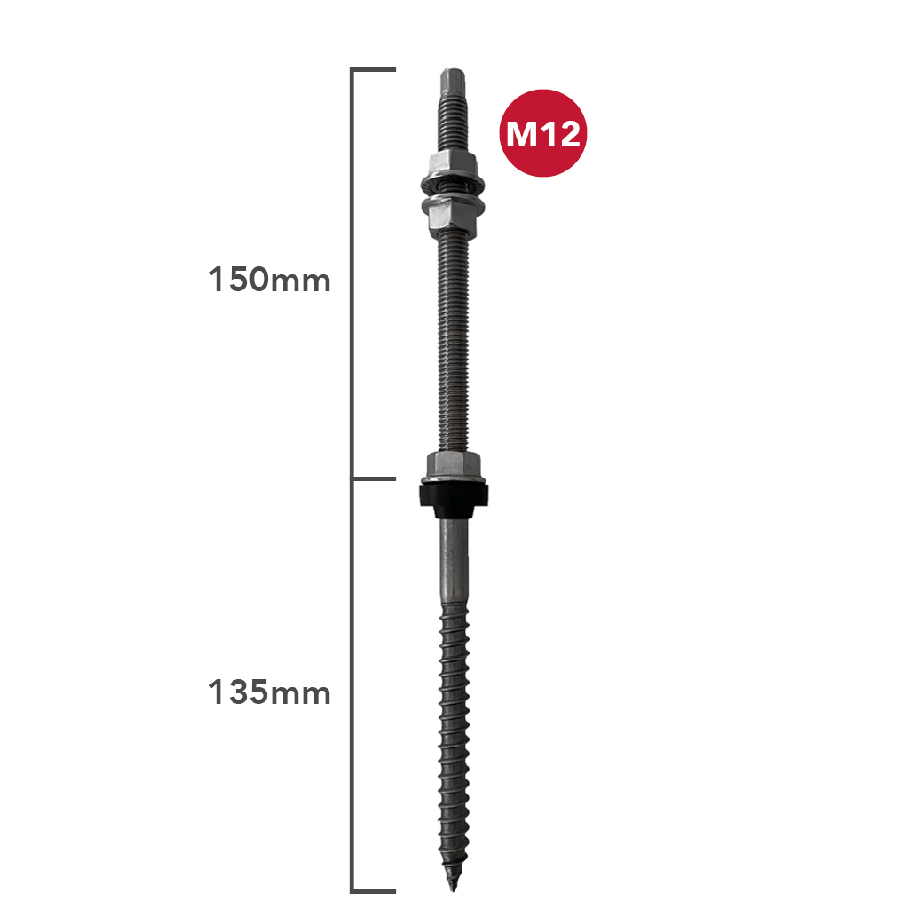 [STR2219] Perno tirafondos doble rosca M12x300mm A2 acero 135/150mm con junta EPDM - TECHNO SUN