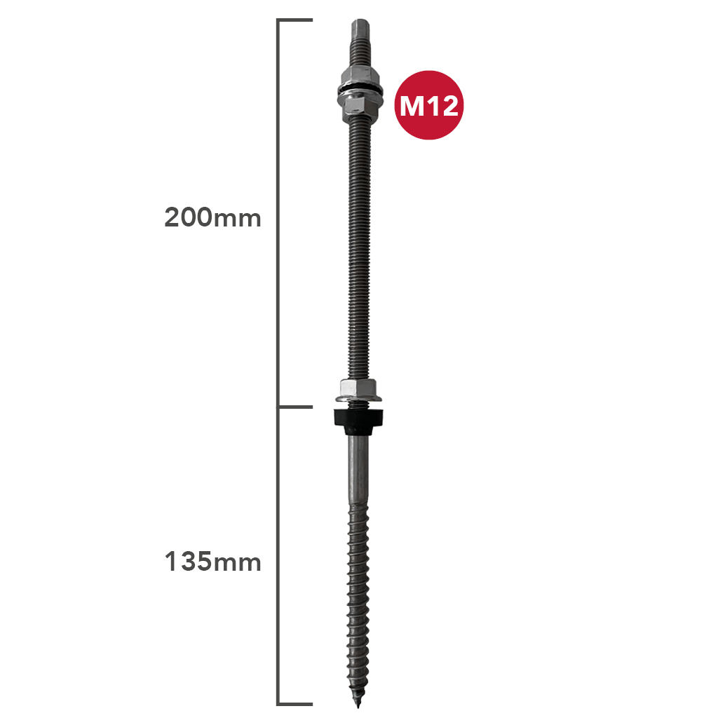 [STR2220] Perno tirafondos doble rosca M12x350mm A2 acero 135/200mm con junta EPDM - TECHNO SUN