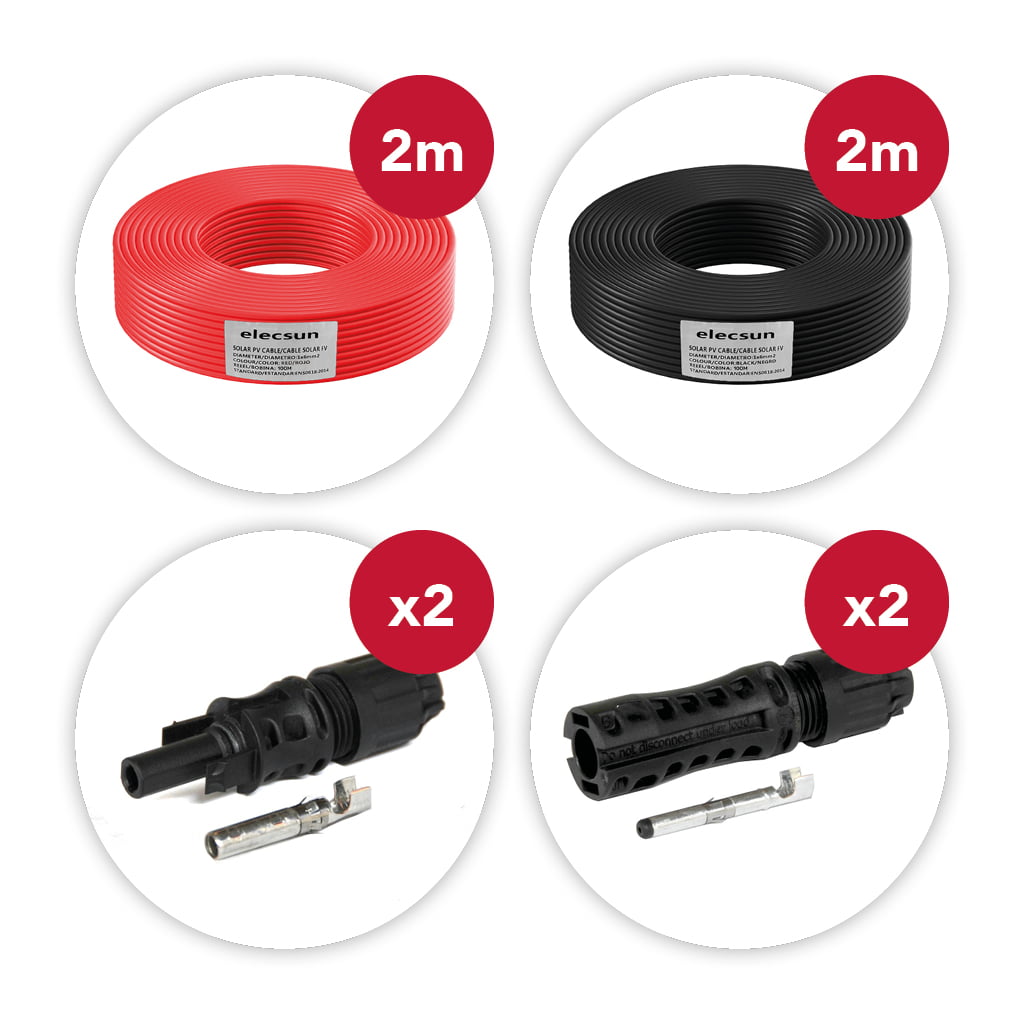 Cable solar negro y rojo 2x100m 6mm2 de extensión CC 2m c/u con conectores FV a presión compatibles con MC4 - ELECSUN