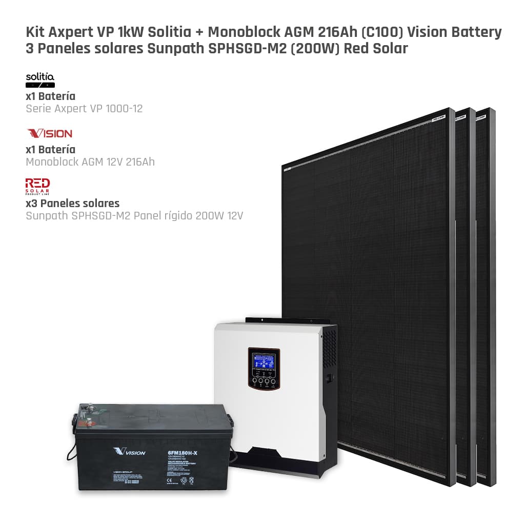 [KIT0184] Kit Solitia Axpert VP 1kW + Panel solar 200W + Batería monoblock AGM 216Ah (C100)