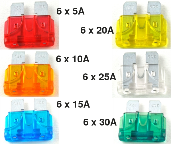 Pack of 36 blade fuses, 6 units each, 5A, 10A, 15A, 20A, 25A and 30A