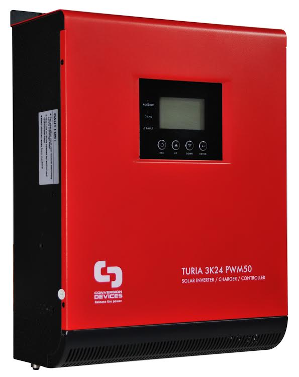 TURIA 3K24 PWM50 - Inversor 3000VA 24V con cargador 30A y regulador PWM de 50A Con Cable para batería (1'23m) - CONVERSION DEVICES