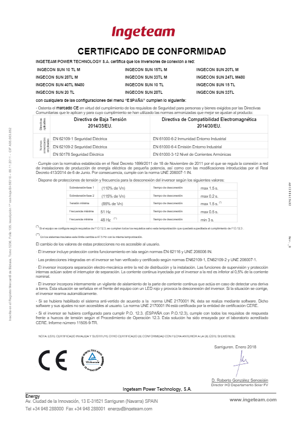 Certificado de conformidad CE Ingeteam 3Play - Castellano